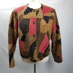 Papillon Vintage Tan Brown Pink Green Patchwork Suede Jacket Excellent! Size M